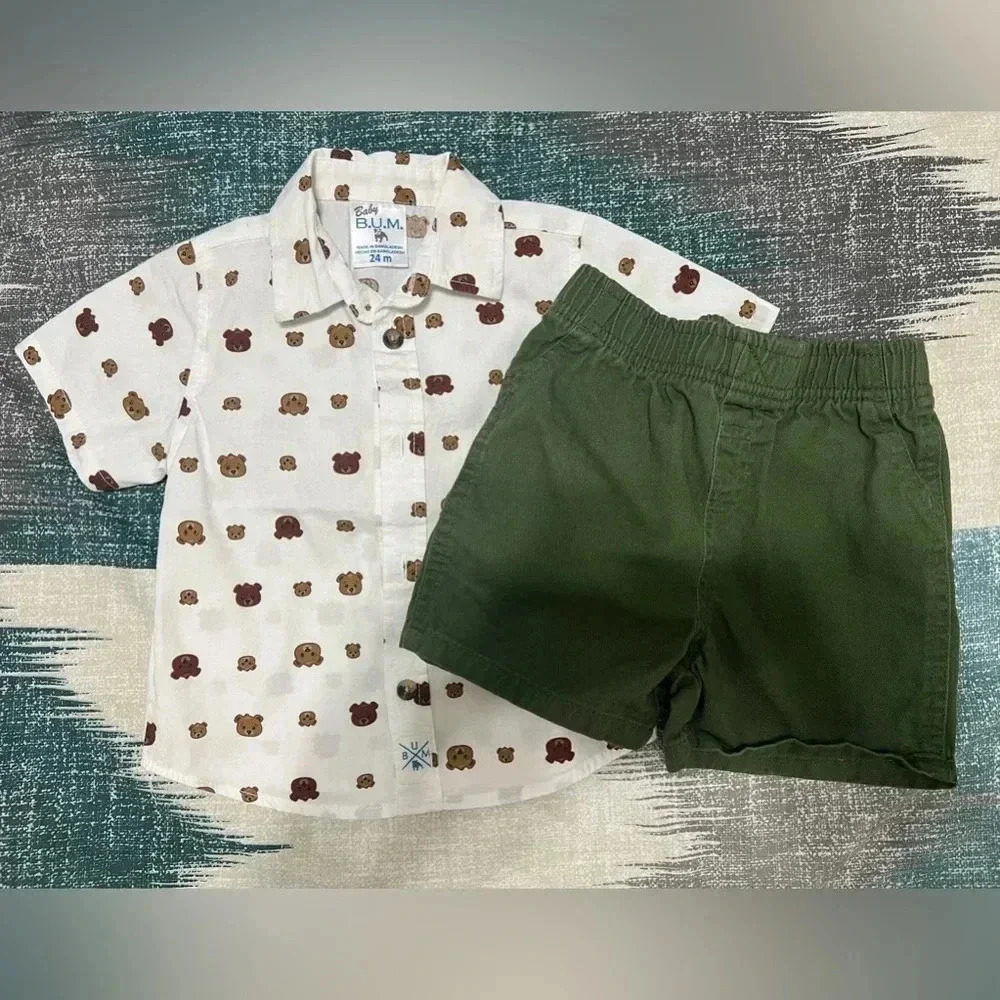 B.U.M.Cartoon Printed Button Down T-Shirt Tops And Shorts Set (Size 24 Months)